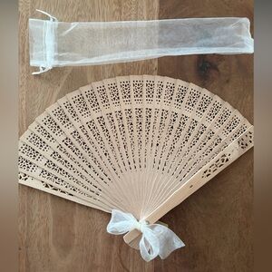 Spanish wooden lace die cut design bridal hand Fan with organza Pouch and ribbon